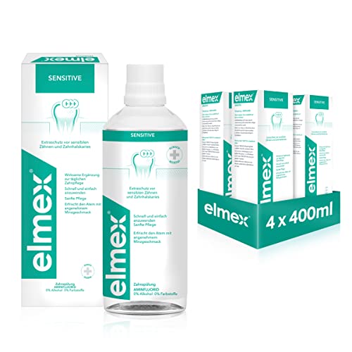 elmex Zahnspülung sensitive 4 x 400 ml - bietet Extraschutz vor schmerzempfindlichen Zähnen, ohne Alkohol