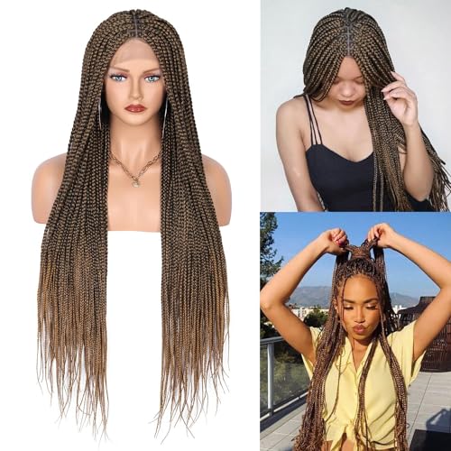 36" Box Braided Perücken für Frauen, knotenlose Box Braids Lace Frontal Perücke mit Babyhaarstickerei, Lace Front Braid Perücke, synthetische Hand Cornrow Braid Perücken(Style 1,36 Inch)