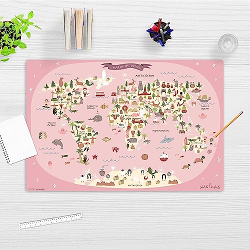 Schreibtischunterlage – Weltkarte in rosa mit Tieren für Mädchen – 60 x 40 cm – aus hochwertigem Vinyl
