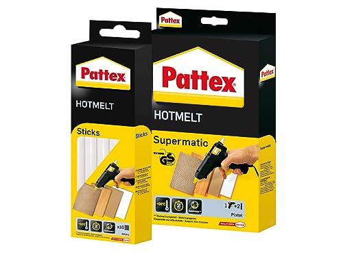 Pattex Hotmelt Supermatic Heißklebepistole, Set mit 2 Klebesticks & Pattex Hotmelt Sticks, Klebesticks, Transparent, 200 g, 1 x 10 Sticks