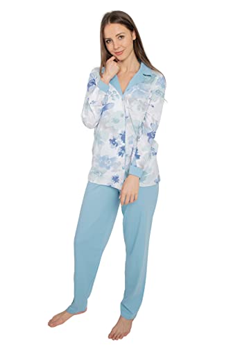 Consult-Tex Damen Pyjama Schlafanzug Baumwolle Knopfleiste Langarm DW126 (44/46, blau)