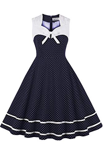 Axoe Damen 50er Jahre Kleid mit Punkten Elegant Hochzeit Cocktailkleid Dunkelblau Weiß Polka Gr.46