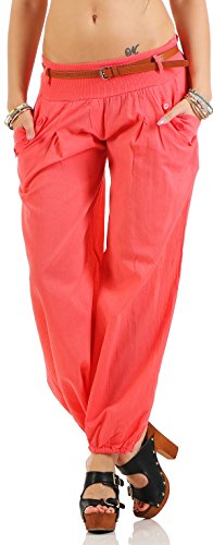Malito Damen Chino Hose in Uni Farben | Freizeithose mit Gürtel | Sommerhose für den Strand | Haremshose - Pumphose 6017 (Coral, XL)