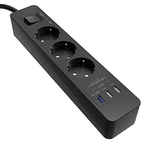 KabelDirekt – 3-Fach-Steckdosenleiste & Mehrfachsteckdose (USB, Quick Charge 3.0, Schnellladegerät, lädt geräteabhängig bis zu 3× schneller, Überspannungs-/Berührungsschutz, TÜV-geprüft, schwarz)