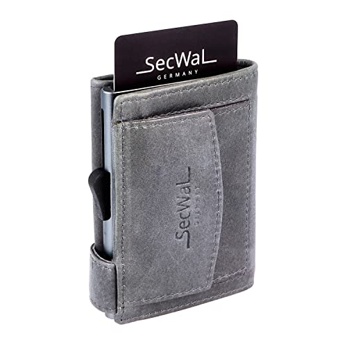 SecWal Kartenetui mit Münzfach Druckknopf - Echtleder Mini Geldbörse inkl. E-Book für Damen und Herren - RFID Schutz Portemonnaie Leder - Geldbeutel klein (Vintage Grau)