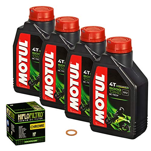 Motul 10W-40 Öl + HiFlo Ölfilter für Suzuki VL 800 Volusia, 01-04, BM - Ölwechselset inkl. Motoröl, Chrom Filter, Dichtring