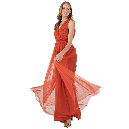 Anaya with Love Damen Ladies Maxi Dress For Women Long V Neck Frilly Faux Wrap For Wedding Guest Prom Evening Gown Br Kleid, Cinnamon, 48 EU