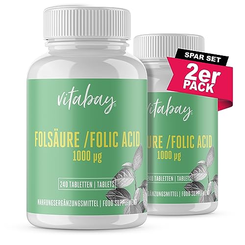 Vitabay Folsäure Tabletten Hochdosiert 1000 mcg (VItamin B9) - 480 VEGANE Tabletten - Folsäure Kinderwunsch Schwangerschaft Vitamine - Folsäure für Männer - Hohe Bioverfügbarkeit - Laborgeprüft