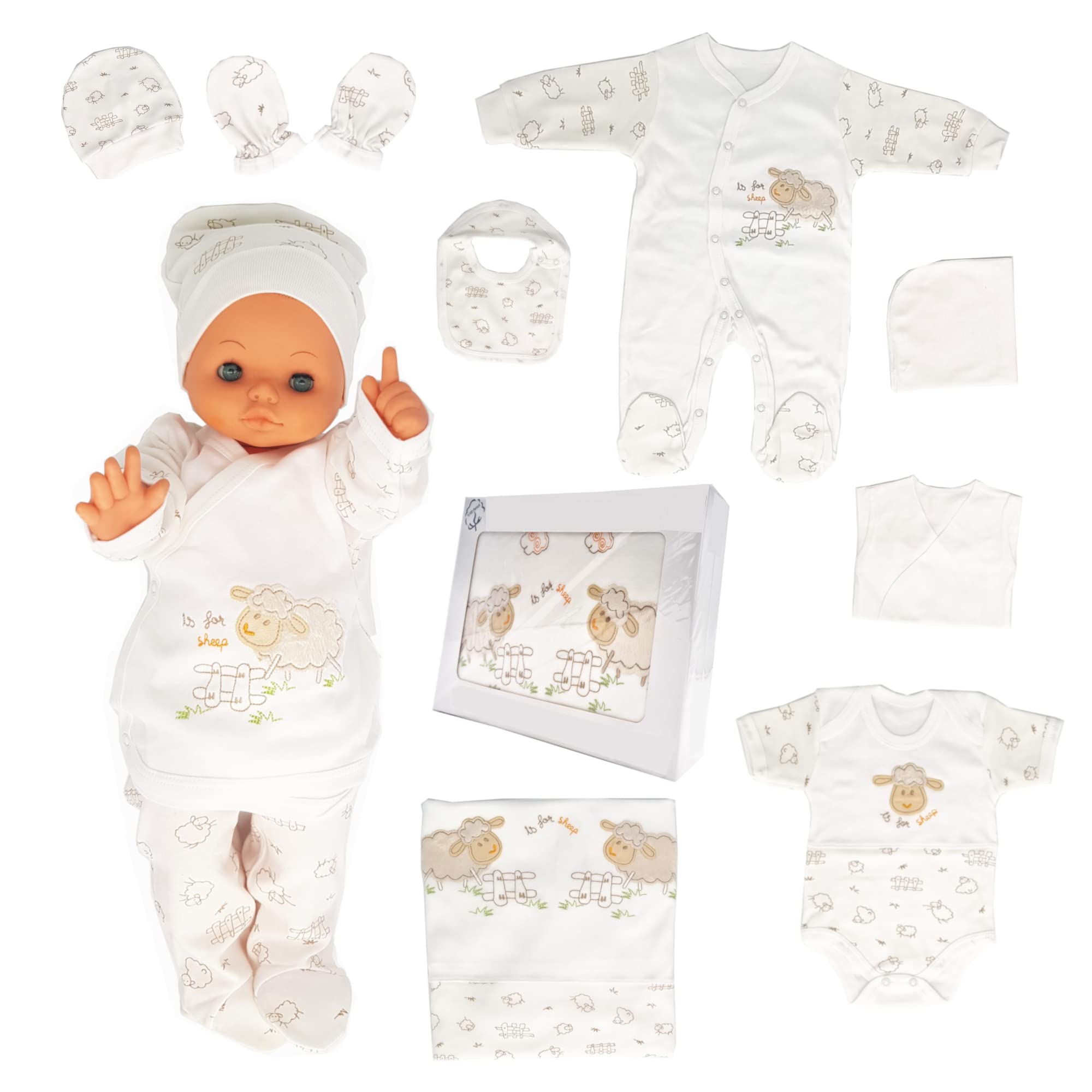 Blue Eyes Neugeborenen Baby Krankenhaus Geschenk Set 100% natürliche Baumwolle Erstausstattung Erstlingsausstattung Ausstattung Unisex Kleidung Geschenkset für Babys 0-4 Monate 10 teilig (Lamm-10)