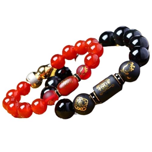 Armband, Geschenke für ihn, Feng Shui Armband aus rotem Achat, Obsidian, 12 Tierkreiszeichen, Charm-Armband, Reiki-Amulett, Glücksbringer, Abwehr des Bösen, Armband, Hund, schwarz, 14 mm ( Color : Tig