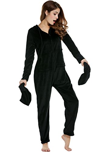 UNibelle Damen Erwachsenenstrampler Schlafoverall Pyjama Schlafanzug Jumpsuit mit Fen Schwarz L