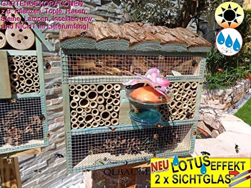 1x Bienenhotel, mit Lotus+2xBrutröhrchen,Rindendach Insektenhaus + Bienenhaus mit Bienentränke, insektenhotel mit Rindendach, groß Holz blau Marineblau hell Vogelhaus Nisthaus