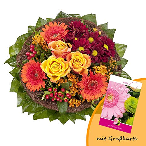 Dominik Blumen und Pflanzen, Blumenstrauß "Füllhorn" mit orangen Rosen und Germini und Grußkarte "Geburtstag"