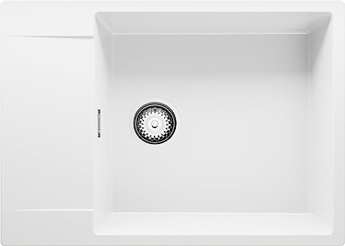 Spülbecken Weiß 70x50 cm, Granitspüle + Ablauf-Set, Küchenspüle für 60er Unterschrank, Einbauspüle von Primagran