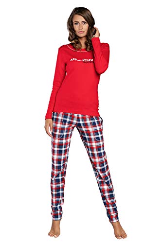 Damen Schlafanzug lang Pyjama Set | Nachtwäsche Hausanzug Langearm Rund Ausschnitt Zweiteiliger Sleepwear M007 (S, Rot Karierte)