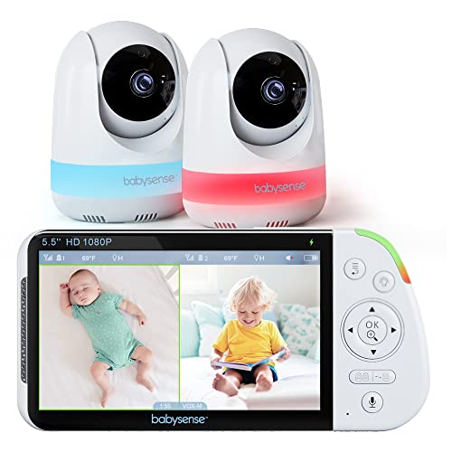 Babysense 5.5” 1080p Full HD Split-Screen Baby Monitor, Video Baby Monitor with Camera and Audio, Two PTZ Cameras, RGB Night Light, 300m Range, Two-Way Audio, 4X Zoom, 5000mAh Battery
