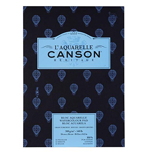 CANSON Héritage Aquarellblock einseitig geleimt, 26 x 36 cm, 12 Blatt, 300 g/m², Grobkorn, weiß