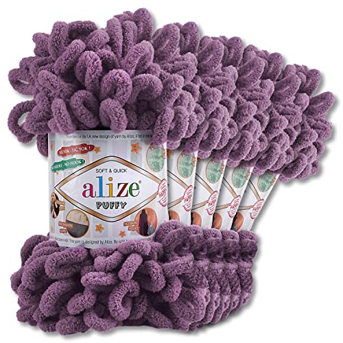 Alize 5 x 100 g Puffy Wolle Chenille Schlaufenwolle Häkeln und Stricken ohne Hilfsmittel Kleidung Accesoire Decken Teppiche (437 | Lavendel)
