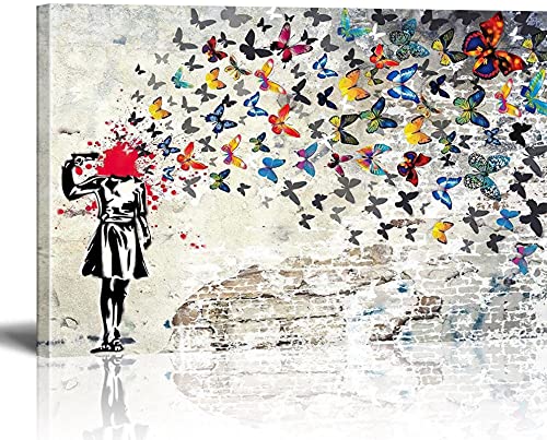 Banksy Bilder Leinwand Butterfly Girl Graffiti Street Art Leinwandbild Fertig Auf Keilrahmen Kunstdrucke Wohnzimmer Wanddekoration Deko XXL 60x100cm(23.6x39.4inch)