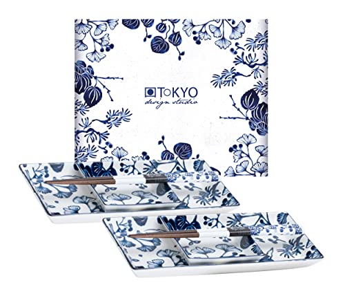 TOKYO design studio Flora Japonica Sushi-Set blau-weiß, 6-TLG, 2X Sushi-Platten, 2X Saucenschalen, 2X Essstäbchen, asiatisches Porzellan, Japanisches Design, inkl. Geschenk-Verpackung