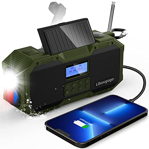 DAB Notfallradio Wasserdichter Bluetooth-Lautsprecher, tragbares FM Radio mit Taschenlampe, Stroboskoplicht, Leselampe, Handkurbel Campingradio mit Solarpanel, 4000mAH Handy-Ladegerät