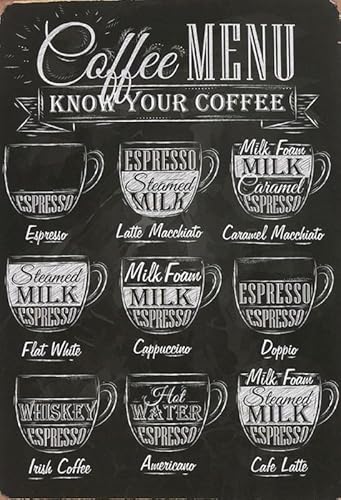 mrdeco Metall Schild 30x40cm gewölbt Coffee Menu Kaffee Sorten Bar Blechschild