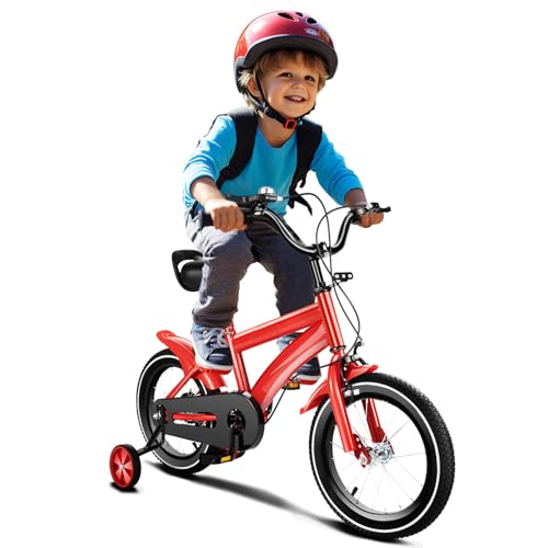 HINOPY 14 Zoll Kinderfahrrad, Mädchenfahrrad Rad Bike Unisex Höhenverstellbares Kinder fahrräder mit Stützräder - Fahrrad für 3-6 Jahre Jungen/Mädchen, Rot