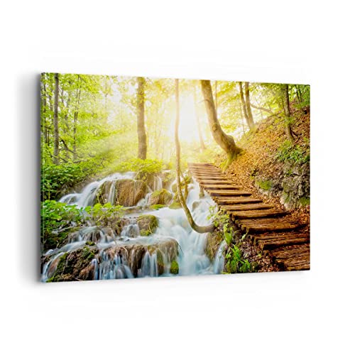 Bild auf Leinwand - Leinwandbild - Park Wasserfall Wasser - 100x70cm - Wand Bild - Wanddeko - Leinwanddruck - Bilder - Kunstdruck - Wanddekoration - Leinwand bilder - Wandkunst - AA100x70-3639
