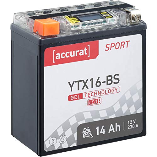 Accurat Motorradbatterie YTX16-BS - 12V, 14Ah, 230A, rüttelfest, wartungsfrei, LCD Display - Starterbatterie, Gel Batterie in Erstausrüsterqualität für Rasentraktor, Roller, Motorrad, Quad