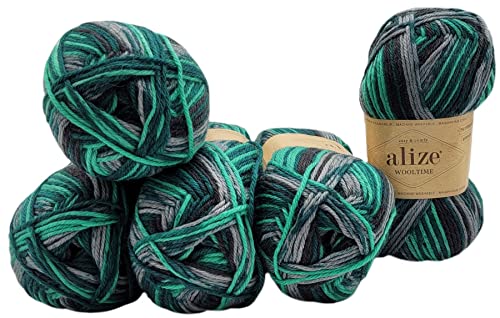 5 x 100 Gramm Sockenwolle Alize Wooltime mehrfarbig, 75% Superwash Wolle, 500 Gramm Strickwolle für Stricksocken und Strümpfe (schwarz grün grau 11012)