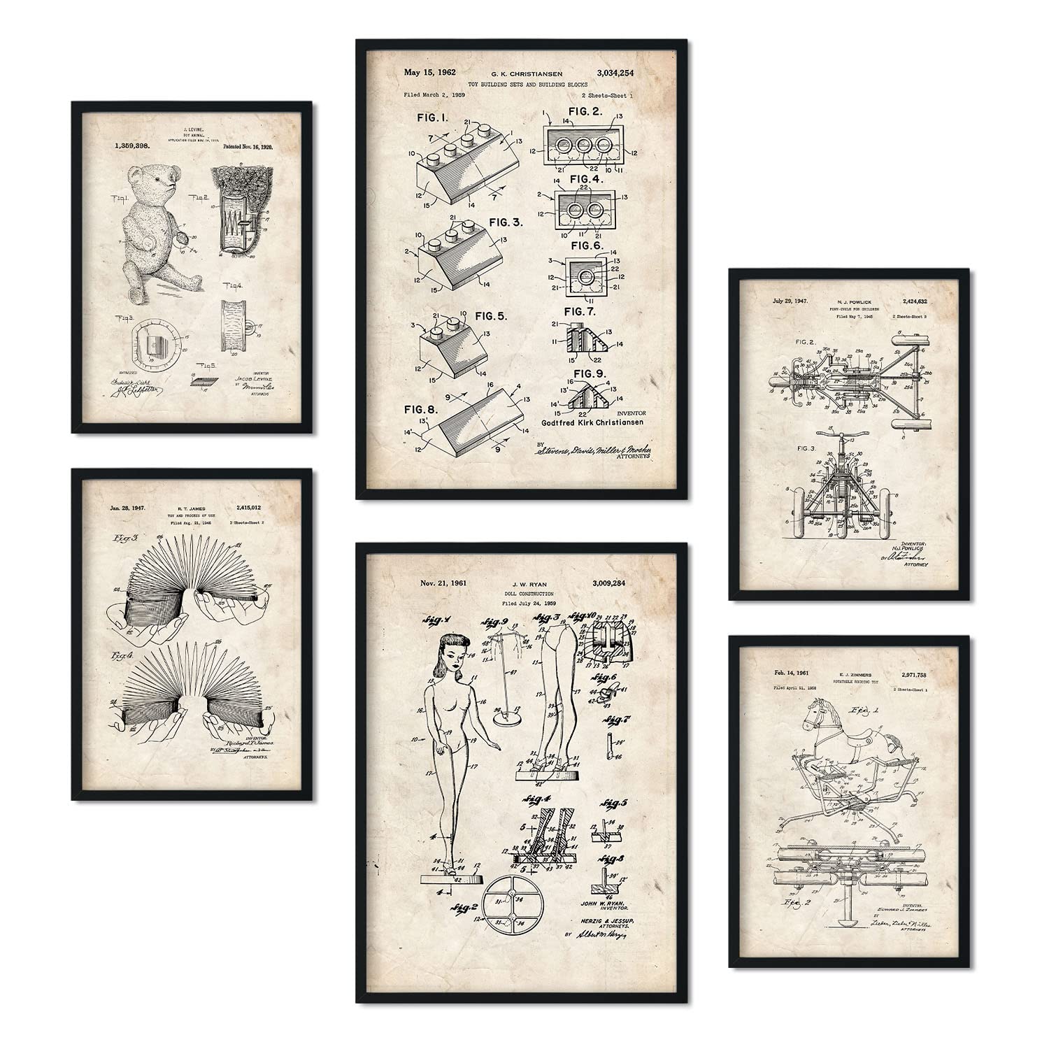 Nacnic Set von 6 Plakaten mit Spielzeuge Patenten. Plakate mit Retro-Patentabbildungen. Inneneinrichtung im Vintage-Stil. Grösse A4 und A3. Mit Rahmen.