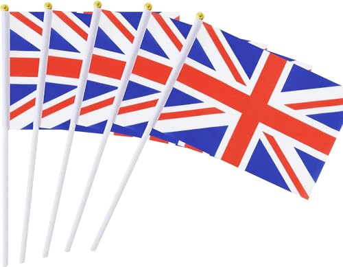 50 Stück britische Flaggen auf Stab, 14 x 21,6 cm, Handflaggen, Union Jack-Flaggen, Handwinkel, Stockflaggen des Vereinigten Königreichs, für Gedenktag, Fußballspiele, Paritäten, Dekorationen,