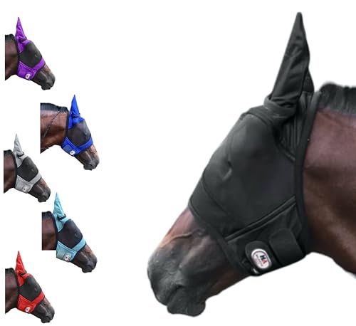 Majestic Ally Pferde-Fliegenmaske mit Ohren, Komfort, langlebig, feines Netz, weiche Fleece-Haptik auf der Haut, schützt Augen und Ohren (schwarz)