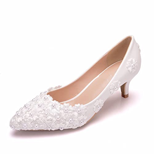WEEYER Frauen Brautschuhe Geschlossene Zehe Pumps Sexy Slip auf Schuhe Stiletto Ferse Spitze Satin Pumps Bridal Schuhe 1.96in,Weiß,39