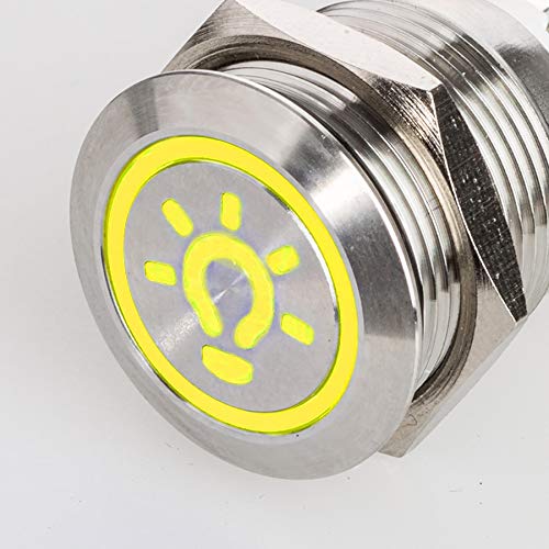 Flacher LED Druckschalter - mit Licht Symbol - Durchmesser Ø 19 mm - aus V2A Edelstahl - staub- und wasserdicht - 230 V - AC/DC - witterungsbeständig und langlebig - Gelb