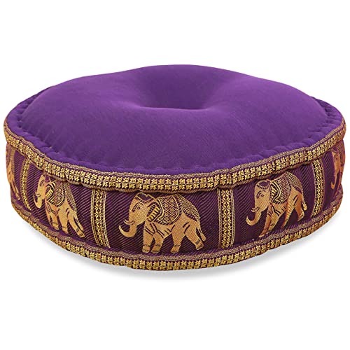 Zafukissen Seide mit Kapokfüllung, Meditationskissen bzw. Yogakissen, rundes Sitzkissen / Bodenkissen (lila / Elefanten)