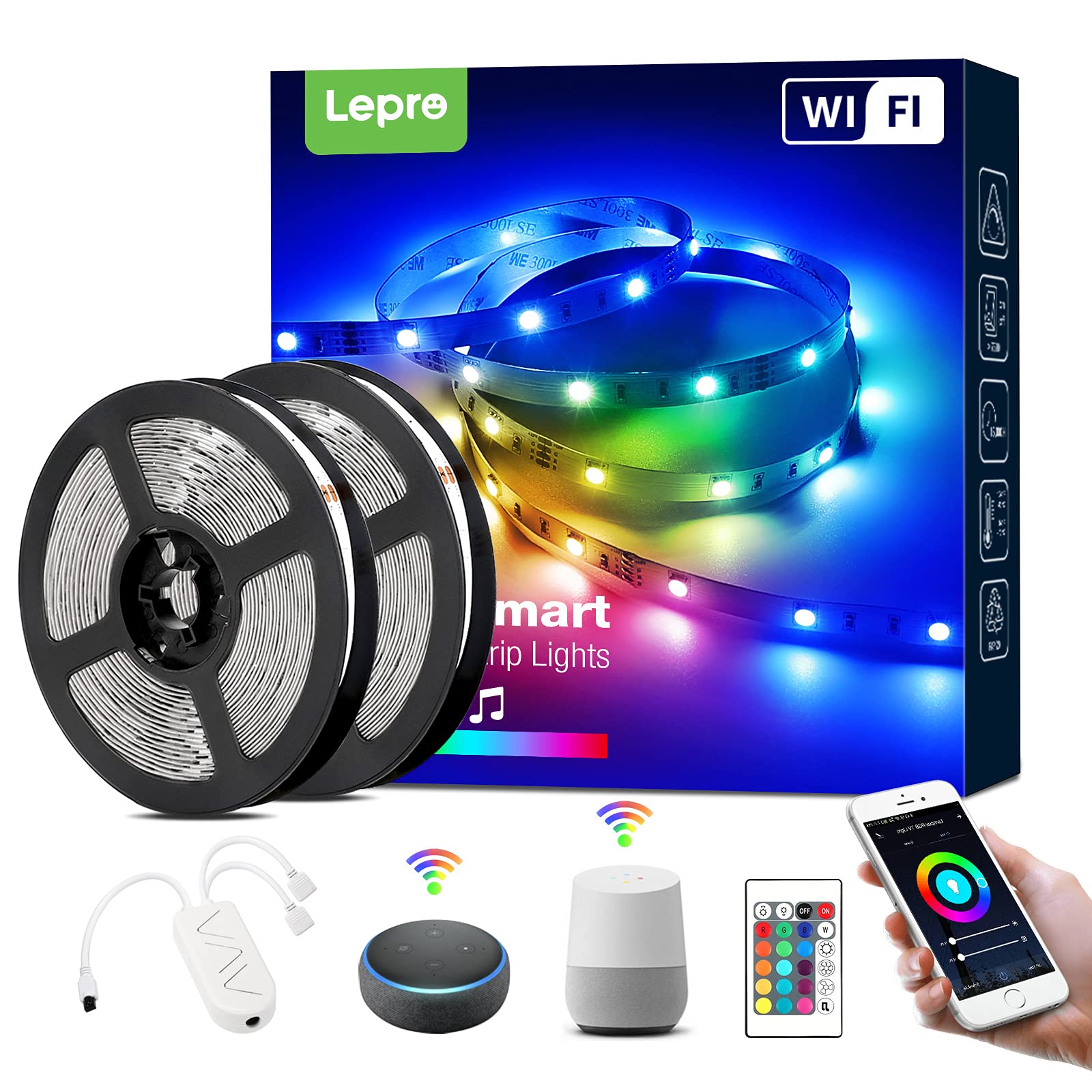 Lepro Smart LED Strip 10M, 5Mx2,Musiksteuerung, Wifi LED Streifen, RGB Dimmbar 300 LEDs, Wlan LED Band, Lichtband Selbstklebend, Lichterkette mit Fernbedienung, Kompatibel mit Alexa, App, Google Home