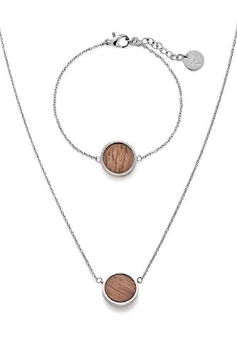 Kerbholz Holzschmuck – Schmuckset Circle Silber, Geometrics Collection, hochwertige Damen Halskette und Armband mit rundem Anhänger, Schmuck aus Naturholz