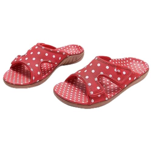 LaoSShu Modische, verstellbare Sandalen mit Klettverschluss for Damen, flache, lässige Sommersandalen und Hausschuhe, I-förmige, gepunktete Hausschuhe, rutschfest (Color : Red, Size : 43)