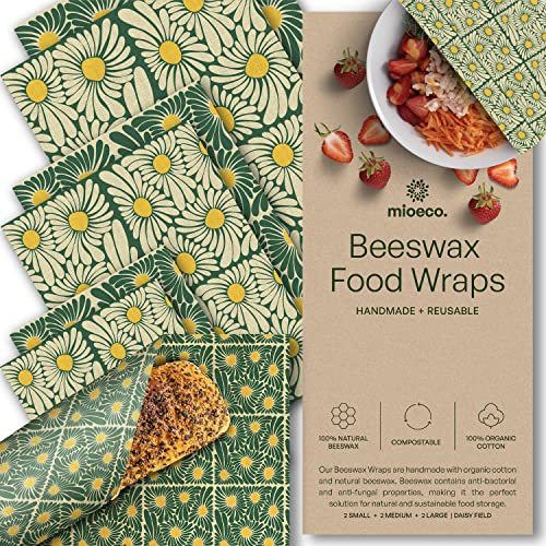 MioEco Bienenwachs-Wraps für Lebensmittel – Verschiedene 6-Pack Bienenwachs-Wraps aus Bio-Baumwolle – wiederverwendbare Bienenwachs-Wraps und Food Huggers – Gänseblümchenfeld – 3 Größen (2S, 2M, 2L)
