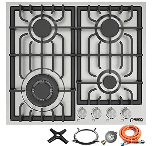 Phönix PS-604L Einbau Gaskochfeld Edelstahl Gaskocher 4 flammig Propan-/ Erdgas inkl. Gasschlauch-Regler Set für Propangasflaschen + Guss WOK Aufsatz + Herdkreuz