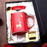 qingci Kreative Keramik Wasser Tasse Schöne Kaffeetasse Mit Deckel Löffel Haushaltsbecher 401-500ml Weihnachts Rentier - Rot 1