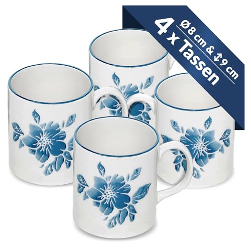 Lashuma Kaffeebecher blau Enzian, 4er Set Henkeltassen Keramik, Tee Tassen rund 300 ml