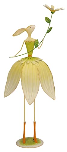 originelle dekorative Osterhasen-Dame aus Metall im Blütenkleid mit Blume aus Metall in gelb-grün oder rosa-weiß (Grün)