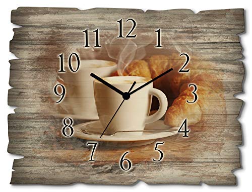 Artland Wanduhr ohne Tickgeräusche aus Holz Funk Uhr lautlos rechteckig 40x30 cm Querformat Kaffee Coffee Cafe Braun Cappuccino Croissant T5XO