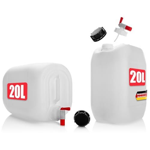 BigDean 2 Stück Wasserkanister 20L mit Auslaufhahn + Schraubdeckel - für Lebensmittel & Industrie - BPA frei lebensmittelecht stapelbar UN-Zulassung DIN 61 - tragbarer Wasserbehälter - Made in Germany