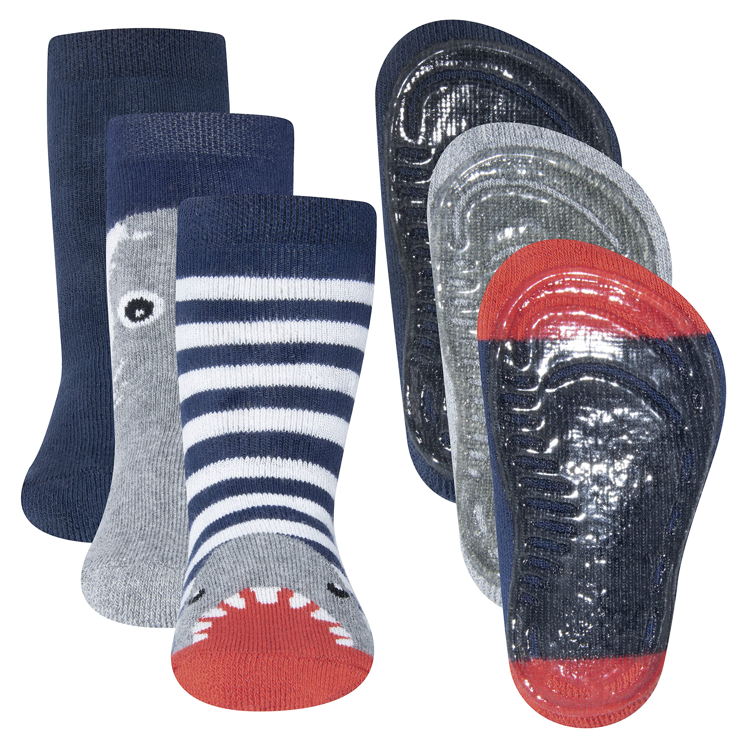 EWERS 3er-Pack Haifisch Stoppersocken SoftStep, Socken mit Antirutschsohle für Jungen, Anti-Rutsch-Socken mit Gummisohle, MADE IN GERMANY, 3 Paar rutschfeste Kindersocken für Jungs, Größe 23-24