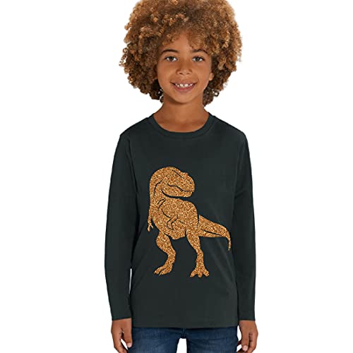 Hilltop Kinder Langarmshirt aus Biobaumwolle mit Dinosaurier Glitzer Motiv, Size:134/146, Dino:Black-Dino Gold