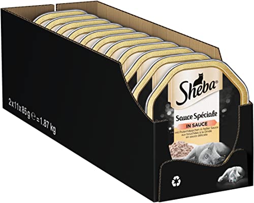 Sheba Sauce Spéciale – Edles Katzennassfutter in 22 Schalen mit Putenhäppchen in heller Sauce für ausgewachsene Katzen – Katzenfutter – 2er Pack (2 x 11 Schalen à 85g)