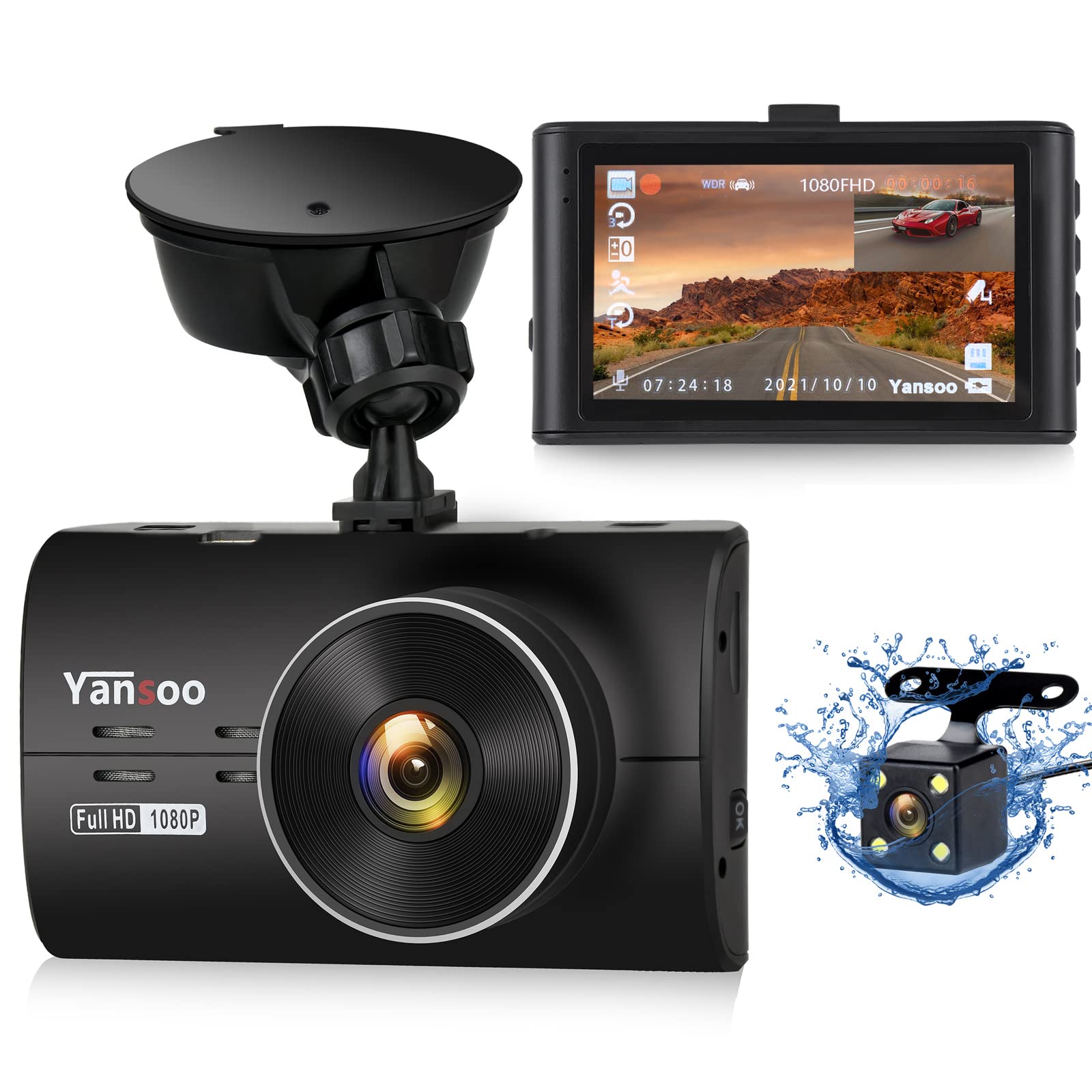 Dashcam Auto Vorne Hinten Autokamera mit 3 Zoll IPS Bildschirm FHD 1080P Dash Cam, 170° Weitwinkel, Super Nachtsicht, G-Sensor, WDR, Parküberwachung, Loop-Aufnahme und Bewegungserkennung